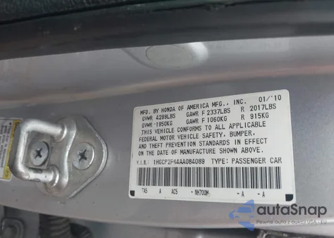 2010 Honda Accord 2.4 Lx-P z USA, uszkodzony, nr VIN 1HGCP2F44AA084089